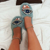 Rhinestone Eye Decor Faux Fur Comfort Slippers Oshnow